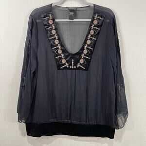 Black Sheer Velvet Embroidered Top Fairy Grunge Whimsy Goth Witchy Boho 14 16